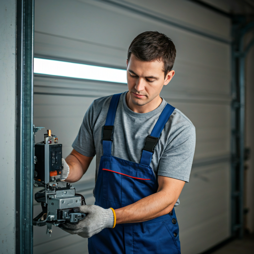 Technician repairing an electric garage door mechanism